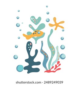 Undersea world. Abstract sea elements underwater on a white background. Sticker with sea turtles, jellyfish and algae. Vector label for wallpaper, cards, design and decoration.