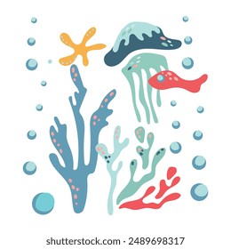 Undersea world. Abstract sea elements underwater on a white background. Sticker with sea turtles, jellyfish and algae. Vector label for wallpaper, cards, design and decoration.