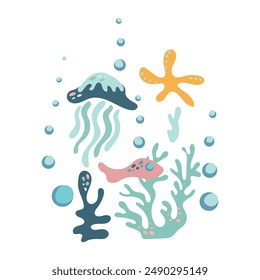 Undersea world. Abstract sea elements underwater on a white background. Sticker with sea turtles, jellyfish and algae. Vector label for wallpaper, cards, design and decoration.