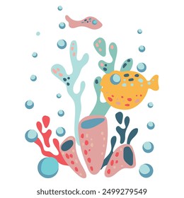 Undersea world. Abstract sea elements underwater on a white background. Picture with sea fish, jellyfish and algae. Vector label for fabric, textile, wallpaper, cards, greeting cards.