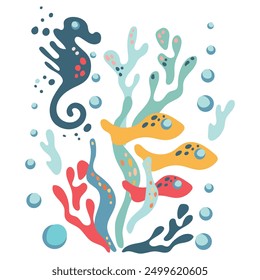 Undersea world. Abstract sea elements underwater on a white background. Picture with sea fish, jellyfish and algae. Vector label for fabric, textile, wallpaper, cards, greeting cards.