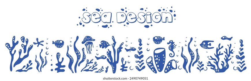 Undersea world. Abstract set of blue shapes sea elements underwater on a white background. Pattern with sea turtles, jellyfish and algae. Vector repeating pattern for fabric, textile, wallpaper, cards