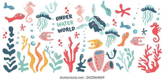 Undersea world. Abstract set of sea elements underwater on a white background. Pattern with sea turtles, jellyfish and algae. Vector repeating pattern for fabric, textile, wallpaper, cards.