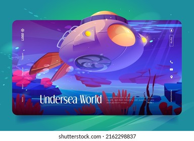 Undersea World Banner With Submarine, Aquatic Plants And Animals. Vector Landing Page With Cartoon Illustration Of Ocean Bottom Landscape With Bathyscaphe With Propeller And Seaweed