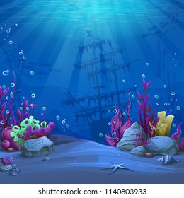 Undersea world in blue theme. Marine Life Landscape - the ocean and the underwater world with different inhabitants. For design websites and mobile phones, printing.