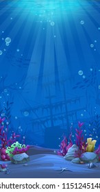 Undersea world in blue theme. Marine Life Landscape - the ocean and the underwater world with different inhabitants. For design websites and mobile phones, printing.