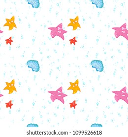 Undersea world. Bright and colorful seamless pattern of sea fauna. Cartoon ocean creatures. Smiling starfishes and shells. 
