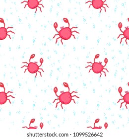 Undersea world. Bright and colorful seamless pattern of sea fauna. Cartoon pink crab and air bubbles.