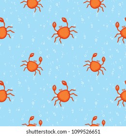 Undersea world. Bright and colorful seamless pattern of sea fauna. Cartoon orange crab and air bubbles on blue background. 