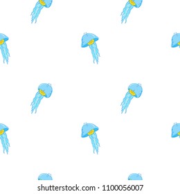 Undersea world. Bright and colorful seamless pattern of sea fauna. Childish cartoon ocean creatures. Cute smiling blue jellyfish.  