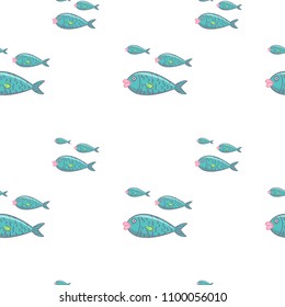 Undersea world. Bright and colorful seamless pattern of sea fauna. Childish cartoon ocean creatures. Cute smiling blue fishes.  
