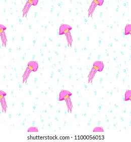 Undersea world. Bright and colorful seamless pattern of sea fauna. Childish cartoon ocean creatures. Cute smiling pink jellyfish.  
