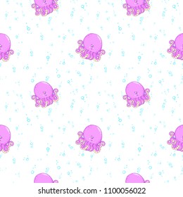 Undersea world. Bright and colorful seamless pattern of sea fauna. Childish cartoon ocean creatures. Cute smiling pink octopus.  