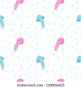 Undersea world. Bright and colorful seamless pattern of sea fauna. Childish cartoon ocean creatures. Cute smiling pink and blue jellyfish.  