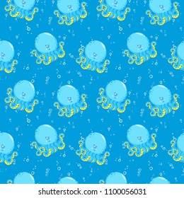 Undersea world. Bright and colorful seamless pattern of sea fauna. Childish cartoon ocean creatures. Cute smiling blue octopus.  