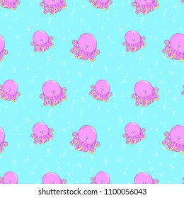 Undersea world. Bright and colorful seamless pattern of sea fauna. Childish cartoon ocean creatures. Cute smiling pink octopus.  