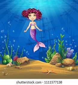 Undersea world with brunette mermaid. Marine Life Landscape - the ocean and the underwater world with different inhabitants. For design websites and mobile phones, printing.