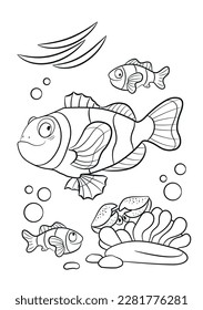 Undersea world childrens illustration. Sea creatures drawing. Anemone fish outline. Clown fish coloring book. 