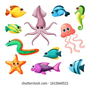 Undersea world colorful flat vector illustrations set