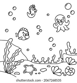 Undersea world. Coloring book page for kids. Cartoon style. Vector illustration isolated on white background.