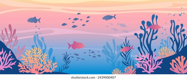 Undersea world. Coral reef, fish and sea creatures. Landscape of sea life, ocean and underwater world with different inhabitants. Vector illustration in flat style.