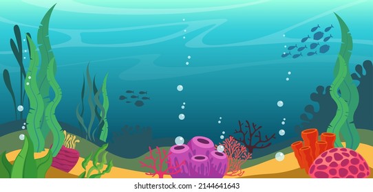 Undersea world. Coral reef illustration. Sea underwater background. Algae and corals