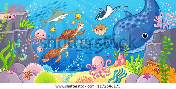 海中の世界 水中で可愛い漫画の動物 海のテーマのベクターイラスト のベクター画像素材 ロイヤリティフリー
