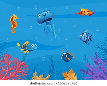 Undersea World, Cute Marine Animals Background, Underwater Sea Scene with Tropical Fishes Vector Illustration