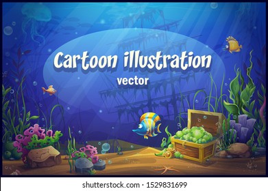 Undersea world in dark theme. Marine Life Landscape - the ocean and the underwater world with different inhabitants. For design websites and mobile phones, printing.
