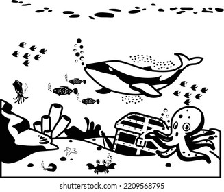 undersea world with different inhabitants vector icon design, wildlife Scenery symbol, Tropical Sea Under Water Surface stock illustration, octopus with yellow treasure box on seabed concept
