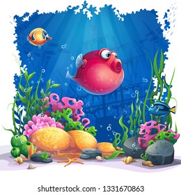 Undersea world with fish. Marine Life Landscape - the ocean and the underwater world with different inhabitants. For design websites and mobile phones, printing.