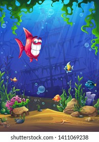 Undersea world with fish. Marine Life Landscape - the ocean and the underwater world with different inhabitants. For design websites and mobile phones, printing.