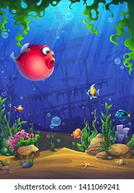 Undersea world with fish. Marine Life Landscape - the ocean and the underwater world with different inhabitants. For design websites and mobile phones, printing.