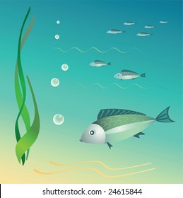 The undersea world. Fishes, seaweeds, bubbles. Vector.