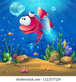 Undersea world with funny fish. Marine Life Landscape - the ocean and the underwater world with different inhabitants. For design websites and mobile phones, printing.