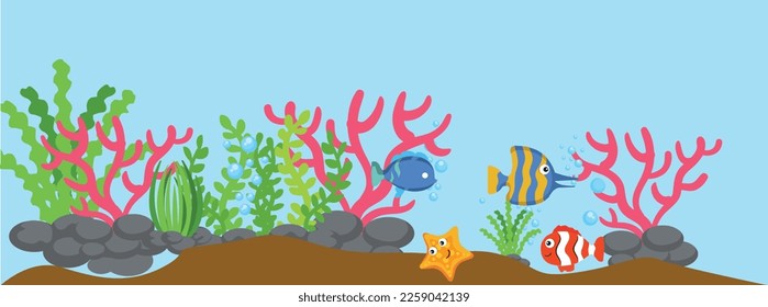 
Undersea world with golden seashell, fish and pearls.