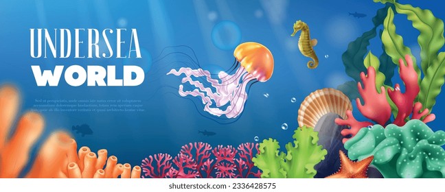 Undersea world horizontal poster decorated with colorful cartoon images of sea creatures realistic vector illustration