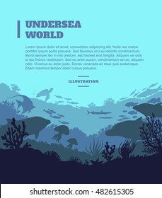 Undersea world illustration background, colored silhouettes elements, flat