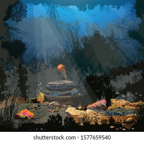 Undersea world - Undersea life, coral reefs, lighting, rocks and fish with different underwater creatures 