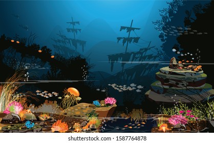 Undersea world - Undersea life - Coral reefs, sunk boats, large stones and fish with different underwater creatures for typing, creating videos or web graphic design, user interface cards - vector

