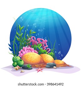 Undersea world. Marine flora on the sandy bottom of the ocean. For design websites and mobile phones, printing. Vector illustration 