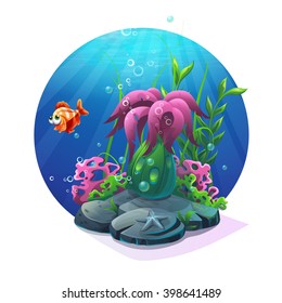 Undersea world. Marine life on the sandy bottom of the ocean. For design websites and mobile phones, printing. Vector illustration 