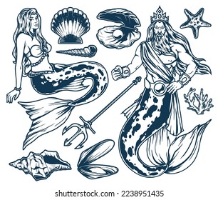 Undersea world monochrome set logotypes fairy tale characters mermaid and Poseidon living among shells in sea or ocean vector illustration