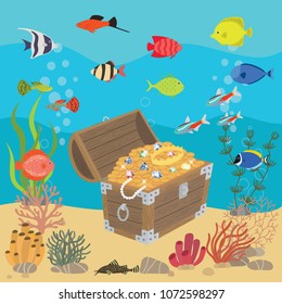 Undersea world with opened wooden chest with treasures. Marine life landscape - the ocean and the underwater world with different inhabitants.