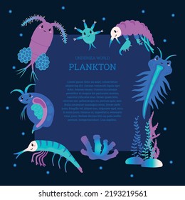 Undersea World Plankton Banner With Frame And Copy Space For Text, Cartoon Flat Vector Illustration. Cute Freshwater Microorganisms. Scientific Poster About Zooplankton.