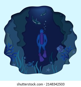 Undersea world. Scuba diver in an underwater cave with a coral reef, sharks, fish, turtle, starfish and urchins. Vector illustration in paper cut style.