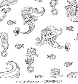 Undersea world. Seamless pattern with mermaids and seahorses. Black and white vector illustration.