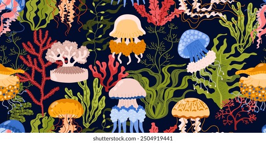 Undersea world. Seamless pattern on a blue background. Jellyfish swim among the algae. Underwater plants. Inhabitants of the sea and ocean depths. Vector illustration.