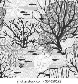 Undersea world. Seamless vector pattern with sea plants and fish.