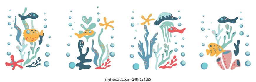 Undersea world. A set of Abstract drawings with underwater scenes of sea inhabitants and algae. Vector ornament with fish and jellyfish. For fabric, textiles, wallpaper, cards.